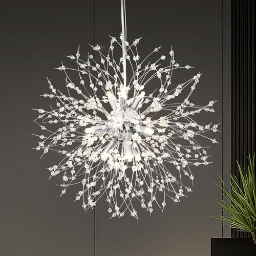Yiisem Modern Crystal Chandeliers, 9-Light Chrome Dandelion Firework Pendant Lighting,