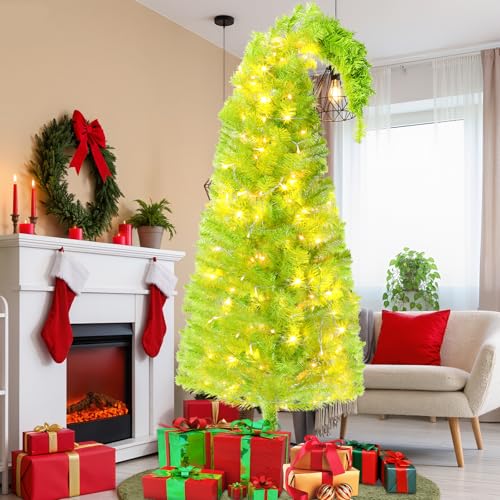 6FT Large Artificial Christmas Tree Xmas Holiday Whimsical Pre-Lit Green Tree with 100 LED String Lights for Indoor & Outdoor Christmas Party Decor for Home Office Bendable and Portable