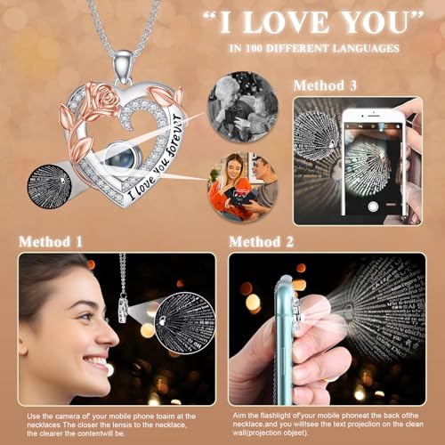 SOULMEET Preserved Real Rose 100 Languages I Love You Projection Necklace Eternal Flowers Rose Projection Necklace Gifts for Her Mom Wife on Christmas Valentine Mothers Day3