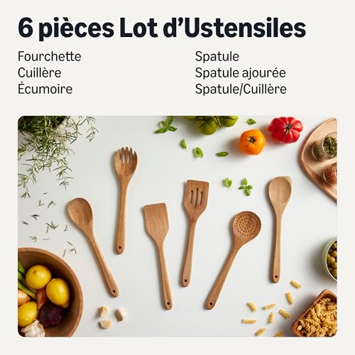 Amazon Basics Ustensiles de Cuisine en Bois , Lot de 6 Pièces, Bois d’Acacia, Préhuilés, Compatibles avec les Poêles et les Casseroles – Image 3