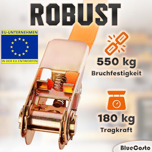 Premium-Ratschengurte – 4er-Pack, orange – 4 Meter Lange Zurrgurte mit Ratsche – Hochleistungs-Tragfähigkeit von 180 kg, Bruchfestigkeit von 540 kg