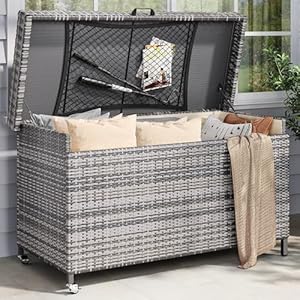 YITAHOME 200 Gallon Large Wicker Deck Box w/Storage Net, Rattan XL Outdoor Storage Box Patio Cushion Storage, Waterproof Storage Box for Patio Furniture, Garden Tools, Pool Sports Equipment (Grey) YITAHOME 200 Gallon Large Wicker Deck Box wStorage Net Rattan XL Outdoor Storage Box Patio Cushion Storage Waterproof Storage Box for Patio Furniture Garden Tools Pool Sports Equipment Grey