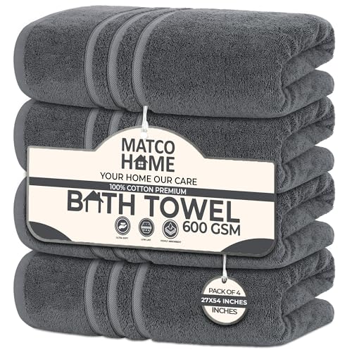 MATCO Home 100% Cotton Luxury Bath Towels, Set of 4 – 600 GSM Premium Quality, 27x54 inch – Ultra Soft & Highly Absorbent Grey Bathroom Towels for Hotel and Spa.