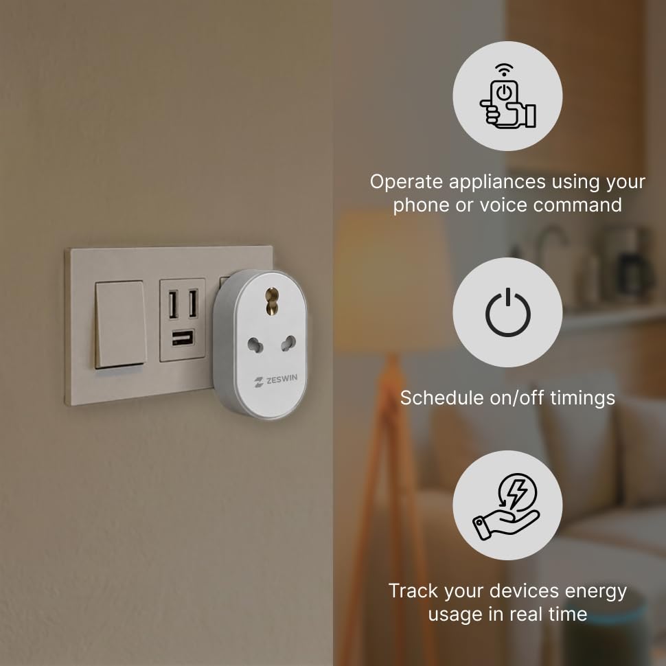Image of Volt One 16A Smart Plug Wi-Fi Enabled Heavy Duty Socket with Energy Monitoring and App Control Compatible with Alexa and Google Home Ideal for AC Geyser and Heavy Appliances White