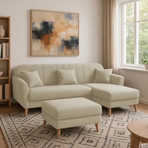 Image of Atticus RHS 4 Seater L Shape Sofa Set with Ottoman for Living Room (Cream Fabric) Premium Fabric Sofa Set