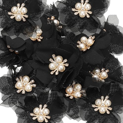 PATIKIL 2.36 Inch Rhinestone Pearl Chiffon Flower, 15 Pcs Sewing Fabric Appliques for DIY Craft Clothing Headbands Wedding Party Decoration, Black
