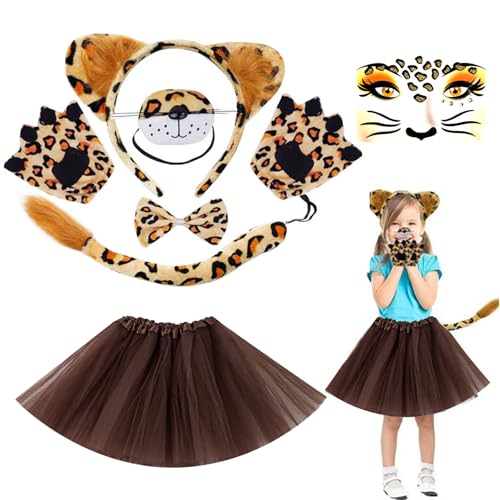 HTTDSLF Deguisement Léopard Enfant, 7 pc carnaval ensemble de costumes de léopard fille, Bandeau Oreilles de Léopard, Noeud Papillon, Gants, Tutu Jupe Marron et...