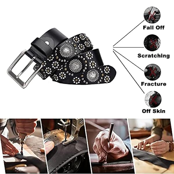 Bältet Med Nitar Kvinnor Män Punk Gothic Rivet I Cirkulärt Arrangemang Flower Beads Studs Cowhide Läderbälten För Jeans, Byxor(115cm/waist:39", Black)