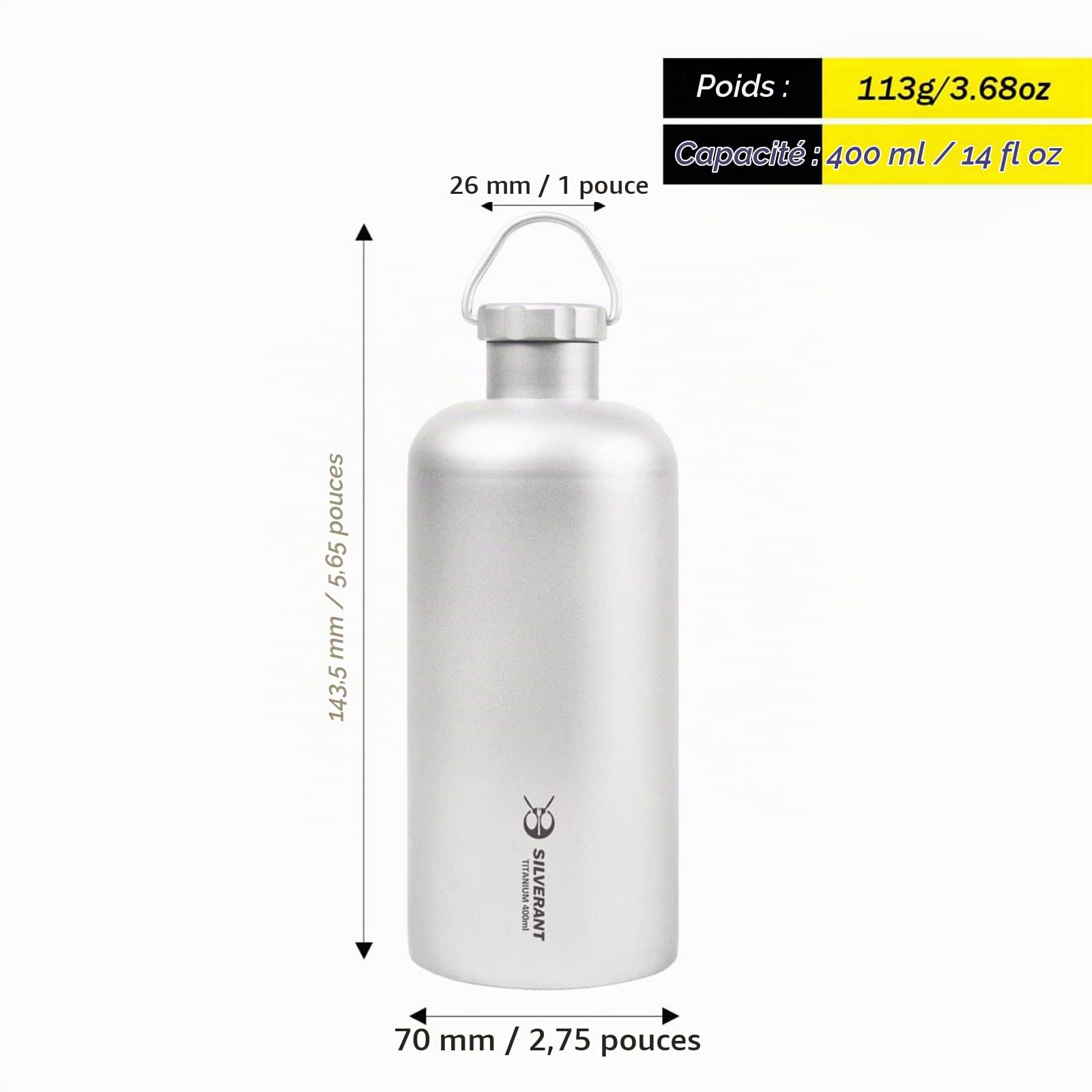 SILVERANT Bouteille d'eau en titane, Bouteille de camping ultralégère avec manchon thermique isolant et bouchon à boucle à clip pour randonnée et sports en plein air (400 ml - Ouverture étroite)
