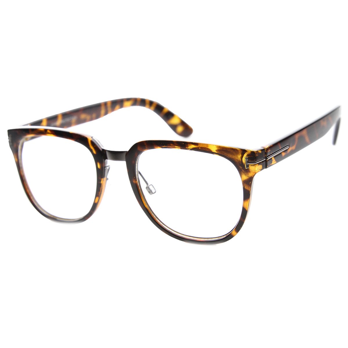 Kush Metal Bridged T-Riveted Horned Rimmed Classic Style Eyeglasses (Shiny-Tortoise Clear)