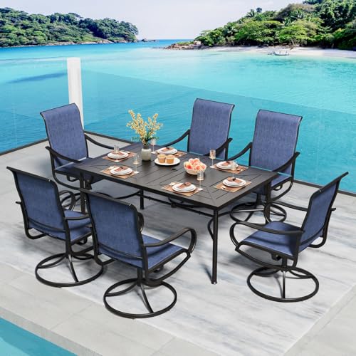 Image of PHI VILLA 7 Piece Patio Dining Set, 6 Outdoor Swivel Patio Chairs & 1 Rectangular Large Metal Table (1.7 inch Umbrella Hole), All Weather Dining Furniture Set for Lawn Garden (Blue)