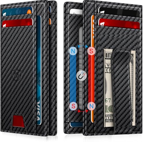 Image of Wallet for Men 14-16 Cards, Men's Leather Wallet, Minimalist Thin Card Holder RFID Blocking Money Clip with Simplified Bill Folder & Magnetic Closure, Gifts for Men, Carbon Fiber