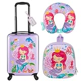 Sanwuta 4 Pieces Mermaid Luggage 17 Inch Kids Rolling Luggage for Girls Purple Travel Rolling Suitcase with Wheels Kids Luggage Set with Backpack Neck Pillow Name Tag