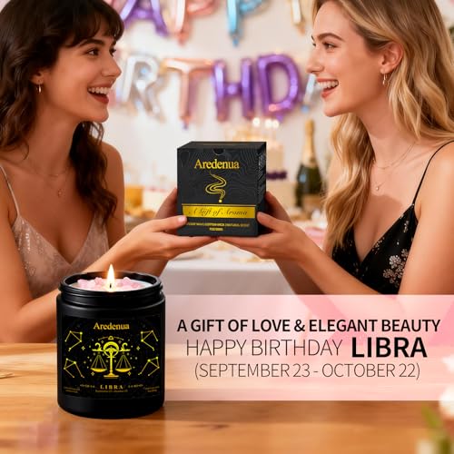 Image of Libra Zodiac Candles with Rose Quartz Crystals, Warm Cozy Scent | Astrology Libra Birthday Gifts for Women Men, Black Gift Box, 7 oz Soy Candle, 50 Hour Burn Time, Black Jar