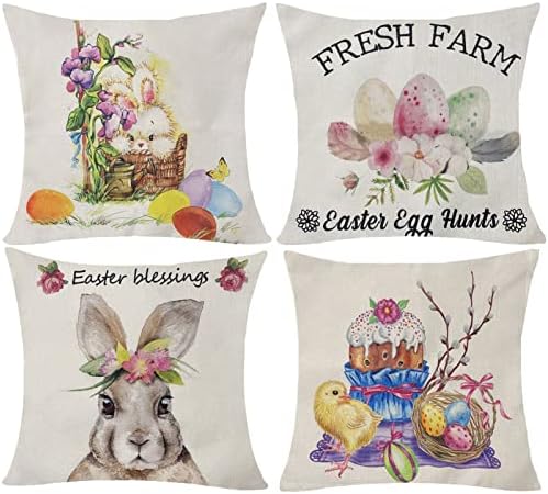 Neknock Easter Pillow Covers 18x18 Set of 4 Easter Decorations for Spring Farmhouse Decoration Easter Decorative Throw Pillows Bunny Eggs Cushion Case for Home Decor
