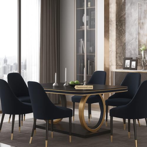 Image of 6-Seater Dining Table with Nano Composite Marble Top and PVC Golden Wooden Base |2yr Warranty - Includes 6 Fabric Upholstered Chairs (Black)