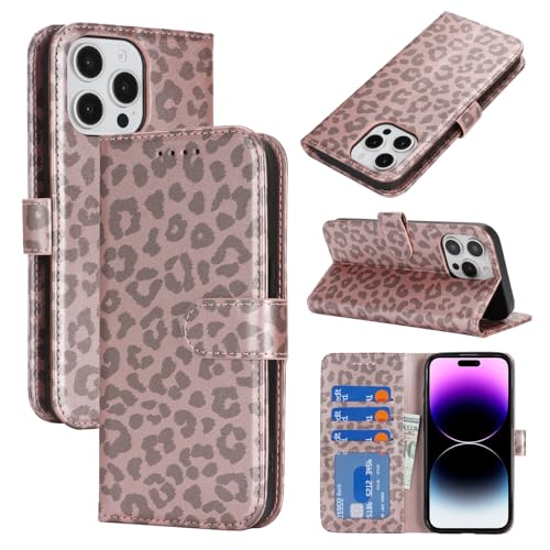 Image of for iPhone 14 Pro Max Case Wallet with Card Holder,for iPhone 14 Pro Max Wallet Case for Women Men,PU Leather Shockproof Magnetic Buckle Stand Flip Phone Case-Rose Gold Leopard