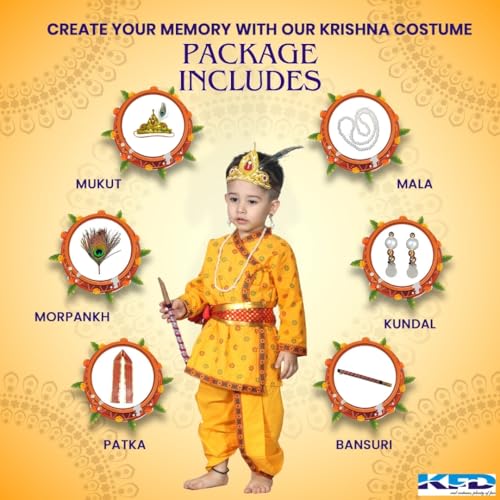 Image of Kaku Fancy Dresses Krishna Costume for Kids, Baby Krishna Dress for Janmashtami, Bal Krishna Dhoti Set, Krishnaleela Costume, Infant Bal Gopal, Krishna Fancy Dress Costume for Boys /Girls
