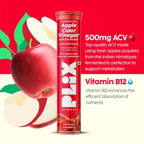 Image of PLIX - THE PLANT FIX Apple Cider Vinegar Effervescent | With Mother ACV | Vitamin B6 & B12 | Pack of 2 (Cola), 30 Tablets | No Added Sugar | Easy to Carry & Consume
