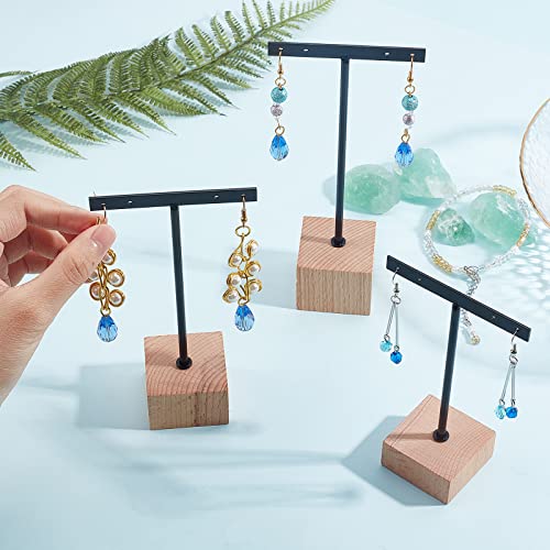 FINGERINSPIRE 3 Pcs Black Metal T Bar Earring Display Stand with Wooden Square Base 4 Holes Earrings T Stand Hanging Earring Organizer for Store Retail Photography Props(12 & 14 & 16 cm Height) - Image 3