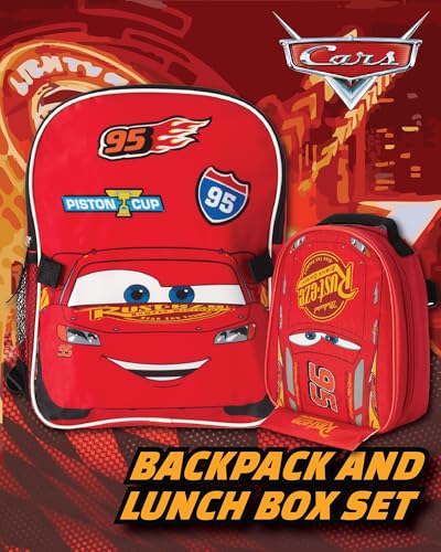 Fast Forward Cars Lightning McQueen Boys Backpack and Lunch Box Set - 14" Backpack with Lunch Box for Preschool Kindergarten, Cars Red2