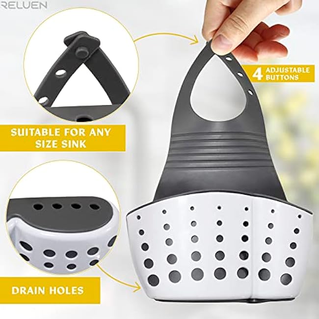 Reluen Silicone Sponge Holder For Kitchen Sink - Over The Faucet Sink Sponge Holder Hanging, 5.7 x 3.22 x 2.2 Convenient Size - Adjustable Silicone Holders With Strap, Easy to Use and Clean