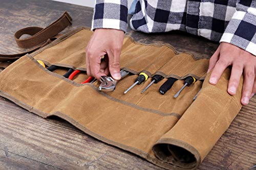 24 Pockets Wrench Roll Up Pouch, Hand Tool Roll Bag, Durable 16Oz Waxed Canvas Construction Bag For Metric Or Sae (Khaki) #TOP5