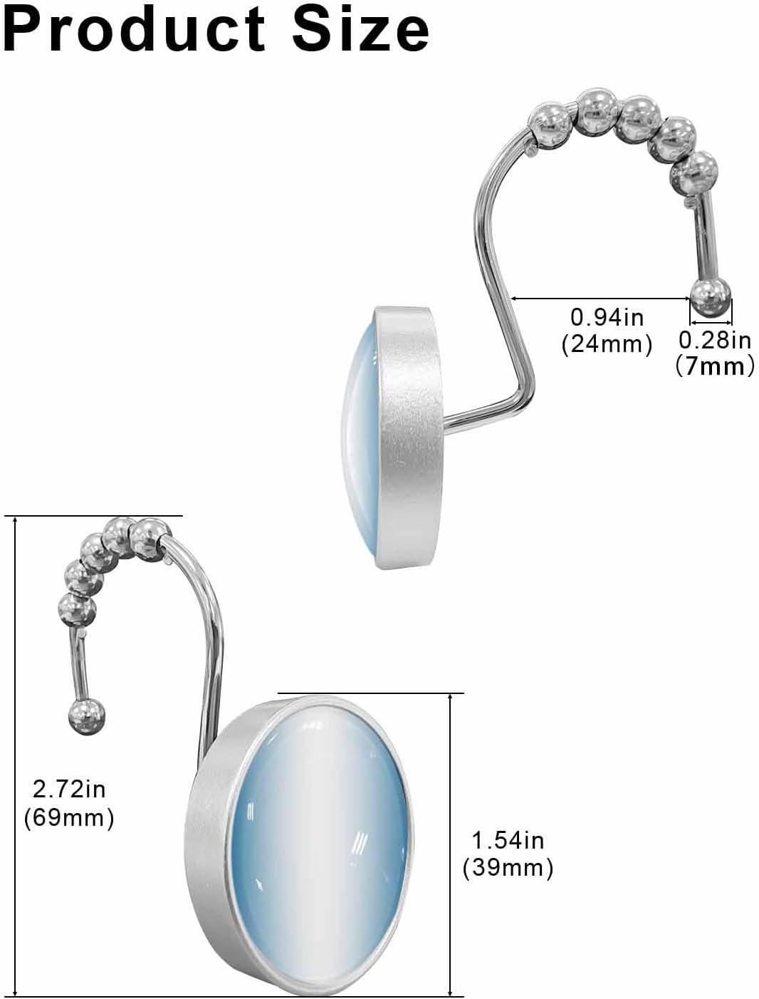 Shower Curtain Hooks 12 Pcs Blue and White Gradient Stainless Steel Rust Proof Rolling Shower Curtain Rings, Decorative Shower Curtain Hooks Hangers for Bathroom