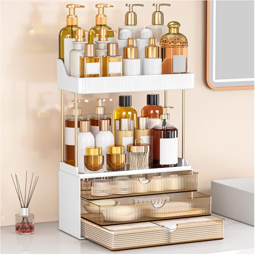 Image of caktraie Bathroom Organizers and Storage - 3 Drawers 2 Tier Makeup Organizer, Cosmetic Storage Drawer for Dresser Countertop and Bathroom Vanity for Large Skincare, Perfume, Amber