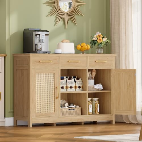 Image of Coffee Bar Cabinet with 3 Drawers, Farmhouse Buffet Cabinet | Kitchen Buffet Sideboard Cabinet with 2 Adjustable Shelves & 2 Doors, for Kitchen Room, Dining Room, Living Room, Nature