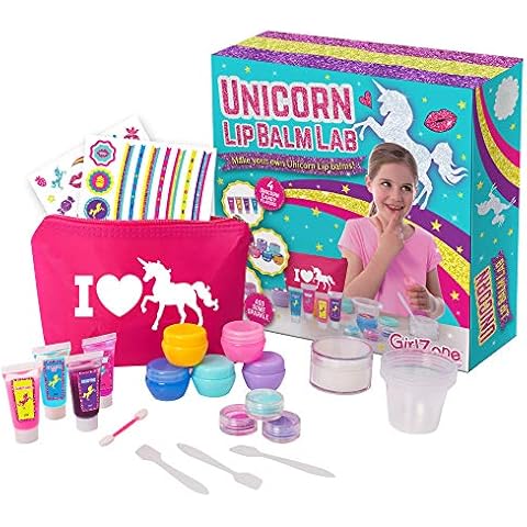 GirlZone Unicorn Lip Balm Lab, 22-Piece Make Your Own Lip Gloss Set for Kids with a Cute Makeup Bag, Exciting Christmas Stocking Fillers for Kids Cover