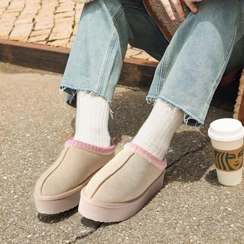 DREAM PAIRS DREAM PAIRS Women's Platform Slippers Genuine Suede Slip-on Warm FuzzyEasy Autumn Winter Fluffy Comfy Furry Shoes for Outdoor Indoor,Size 12,Nude