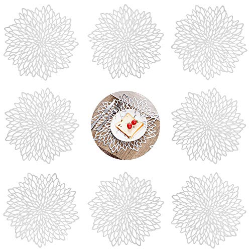 GLOBALDREAM Tovagliette Rotonde Scavate, 8 Pezzi Tovagliette Sottopiatto Tappetini da Tavola Resistenti al Calore Stuoie Tappeti da Pranzo per Tavolo, Pranzo, Cucina (Argento, 38 cm)