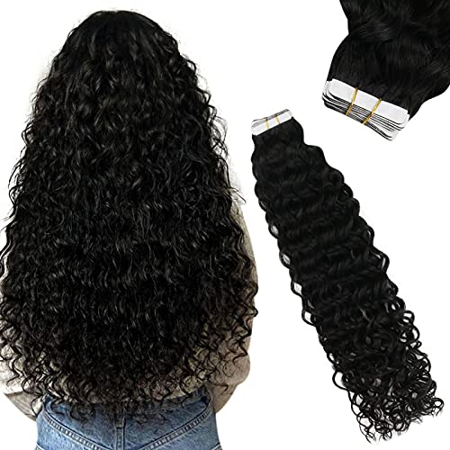 Tape in Natural Wavy Hair Extensions #1B Natural Black 18inch