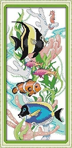 Happy Forever Cross Stitch Kits 11CT Stamped Patterns for Kids and Adults, DIY Preprinted Embroidery Kit for Beginner, Animals 1 (D646 Goldfish Blessing 2, Size 27''x25'')