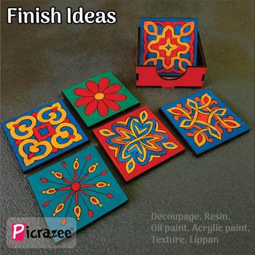 Image of PICRAZEE DIY Art & Craft Wooden Painting Kit for Kids | Premarked Square Coaster MDF Painting Set with 6 Colors 2 Brushes Palette and Stand | Drawing and Coloring Activity Set for Home and Gifting