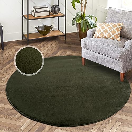 carpet city Hochflor Teppich Wohnzimmer - Einfarbig Basil, Oliv-Grün - 120x120 cm Rund - Super Soft Polyester, Samtig-Flauschiger Flor - Fell-Teppiche für Schlafzimmer, Esszimmer, Arbeitszimmer