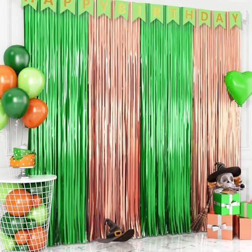 Image of Adorely Foil Fringe Curtains 2 Pcs 3.3x6.6 ft Birthday Party Decorations, Rose Gold Green Foil Fringe Curtains Metallic Streamer, Witch Tinsel Photo Booth Props Backdrops for Witch Birthday Supplies