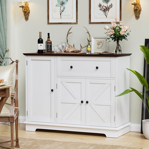 PAKASEPT Farmhouse Buffet Cabinet with Storage, Kitchen Sideboard Cabinet with Doors, Drawer and Adjustable Shelf, Wood Coffee Bar Cabinet for Dining Room, Living Room, White - Thumbnail 4