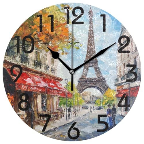 ZzWwR Large Decor Round Wall Clock, Colors Streetscape Paris Eiffel Tower Painting 10 Inch Battery Operated Analog Quiet Non Ticking Desk Clock for Home/Kitchen/Living Room/Bedroom/Bathroom/Office