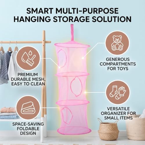 BAFOVY Stuffed Animal Storage Organizer with 3 Mesh Compartments Pink - 3