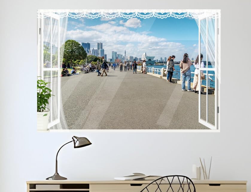 JZZB07318 Japan Houses People Yokohama Yamashita Park| Self-Adhesive Open Window Wall Sticker
