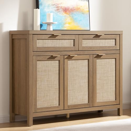 SICOTAS Rattan Sideboard Buffet Cabinet with Storage, Boho Credenza Accent Cabinet with 3 Doors and...