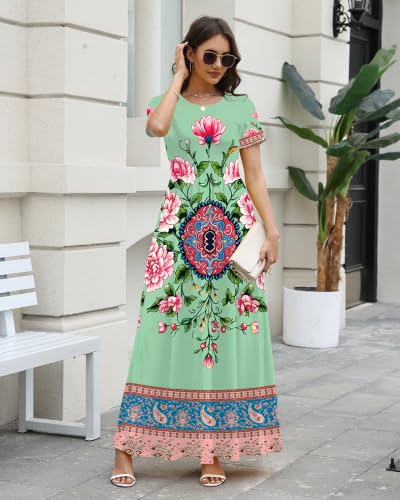Image of COSSEN Women's Crew Neck Short Sleeve Maxi Dress with Pockets Casual Loose Swing for Wedding Guest Beach Vacation