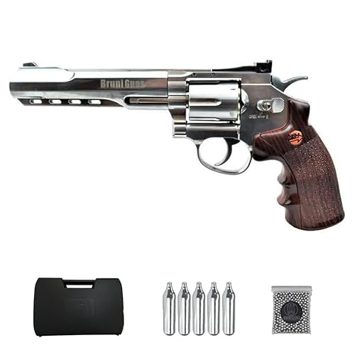 Ecommur. Bruni 702S Plata 6"| Revólver de perdigones (Bolas BB's de Acero) de Aire comprimido semiautomática 4,5mm + maletín +balines y CO2