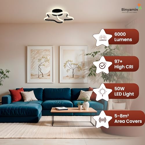 Image of Binyamin Ceiling Light Surface Mount for Entrance Lobby, 50W Surface Ceiling LED Light, LED Light for Living Room Ceiling, 3 Colour Black Flush, Anti-Glare LED Lights for Room (Star) (Pack of 2)