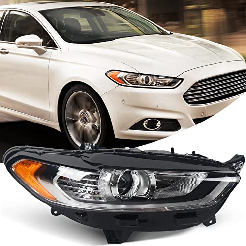 FIONE for Ford Fusion Headlight Assembly 2013 2014 2015 2016 Halogen Projector Headlamp Replacement Black Housing Clear Lens Head Light Chrome Front Lamp Right Passenger Side RH DS7Z13008A