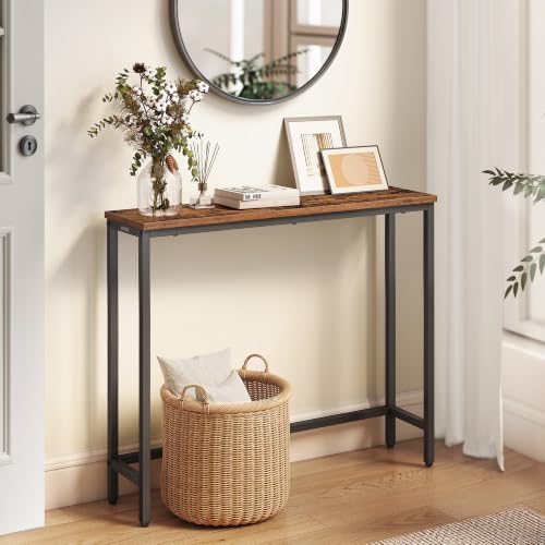 Image of VASAGLE BARNET Collection - Console Table, Thin Narrow Entryway Doorway Table, One Piece Top, for Hallway Bedroom, Steel Frame, Modern, 1 Tier, Rustic Brown and Ink Black ULNT035KD01S