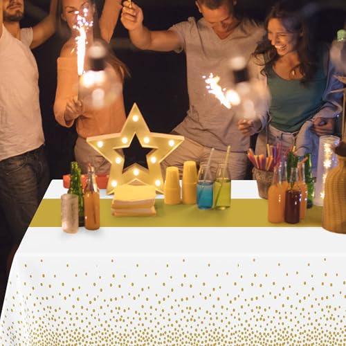 Image of 4Pack Disposable Plastic Table Cloths for Parties, 54 inch x 108 inch White and Gold Rectangle Table Covers, Waterproof Tablecloth for Rectangle Tables Suitable for New Years Eve Thanksgiving Wedding Supplies