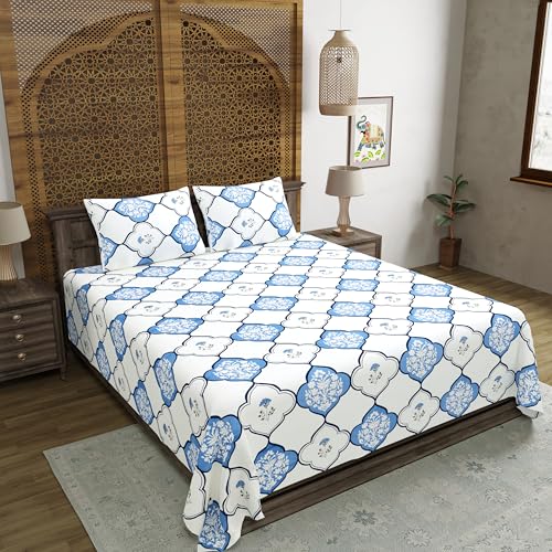 Image of BLOCKS OF INDIA Hand Block Printed 200 TC Cotton King Size Bedsheet | MUGHAL Blue